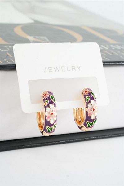 By Zeyna Aksesuar Women's Special Series Enameled Flower Motif Tarnish Resistant 2 Cm Hoop Earring Set