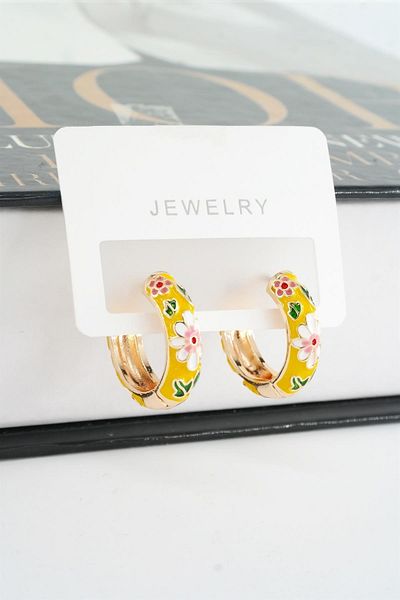 By Zeyna Aksesuar Women's Special Series Enameled Flower Motif Tarnish Resistant 2 Cm Hoop Earring Set