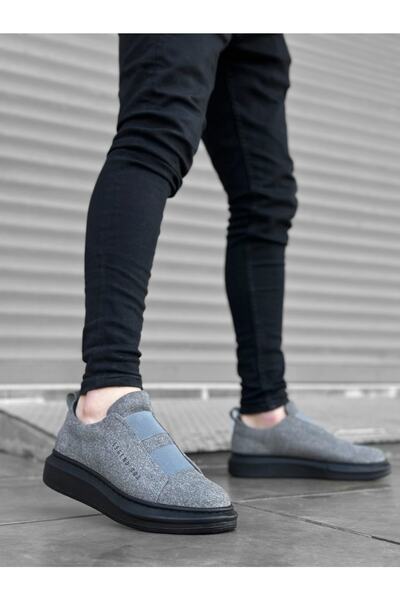 BOUIS Erkek Süet Gri Siyah Taban Spor Günlük Ayakkabı Yüksek Kalın Taban Bantlı Sneaker