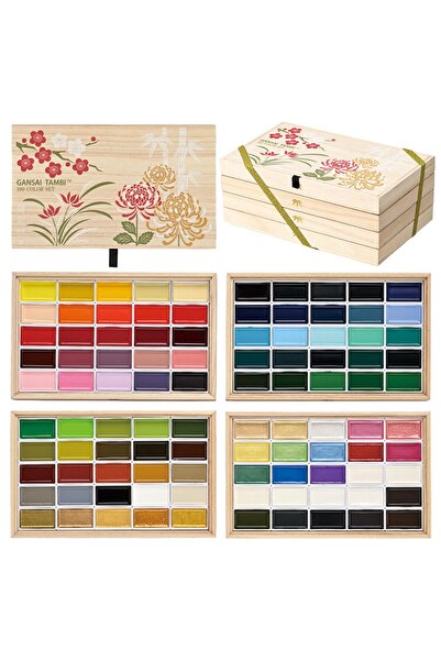 Zig Kuretake Gansai Tambi Profesyonel Japon Tablet Sulu Boya Seti 100 Renk Ahşap Kutulu