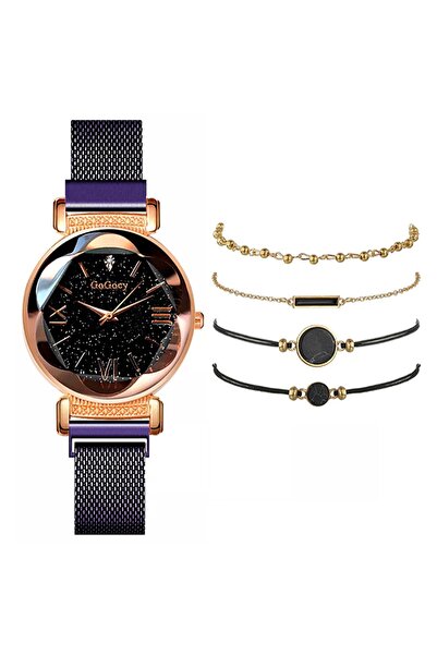 Gogoey Kadın Kol Saati+4 Adet Bileklik Mor Şık Set Saat