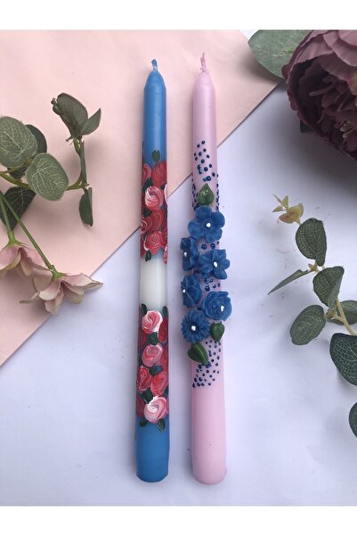 Elif Design 2’li El Boyaması Papatya Gül Ve Çiçek Desenli Tasarım Şamdan Mumu...