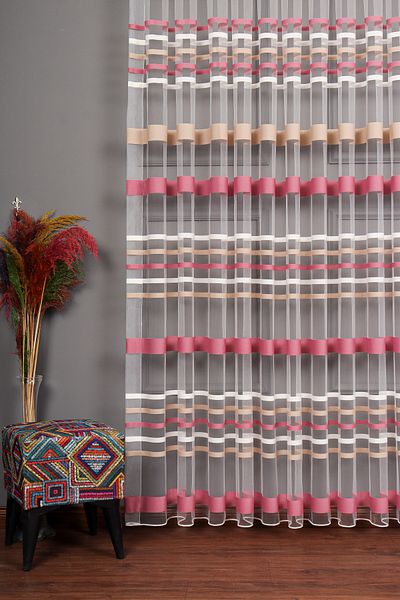 perdealemi Transverse Striped Banded Sports Tulle Curtain, 400x270, Sparse Pleat, 1/2
