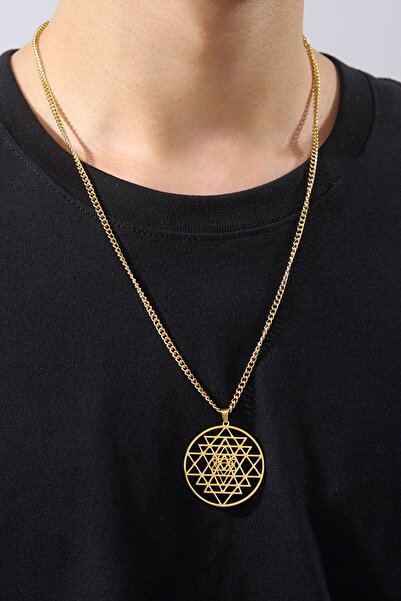 Sihirli Titreşimler Sri Yantra Paslanmaz Çelik Altın Renkli Kolye Şans, Bollu...