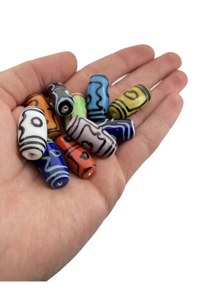 Selvi Konsept Etnik Desenli Oval Cam Boncuk Karışık Renkli 14x28 Mm 10 Adet