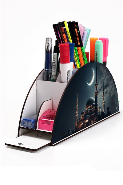 kutuTR Wooden Vip Islamic Rainbow Ruled Desktop Pen Holder Organizer Assembled Boxed