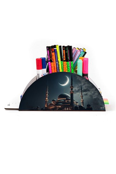 kutuTR Wooden Vip Islamic Rainbow Ruled Desktop Pen Holder Organizer Assembled Boxed