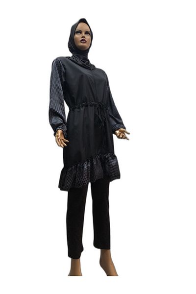 eflin Women's Clothing Ruffled Full Covered Hijab Swimsuit Black-white Polka Dot Bonnet Included