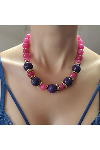 elinasaccessories El Yapımı Elmas Kesim Akik Ve Yakut Taşlı Pembe Kolye, Doğa...