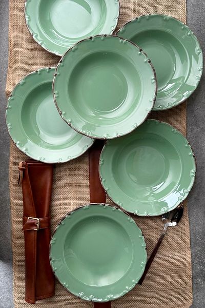porselenden Set de farfurii din porțelan retro, realizat manual, verde Bastien, 21 cm, 6 piese