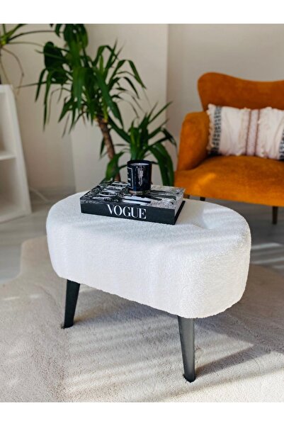 WEBPANYA Gürgen Siyah Ahşap Ayak Kırık Beyaz Pofidik Tedy Handmade Oval Puf Bench Sandalye