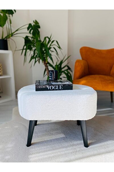 WEBPANYA Gürgen Siyah Ahşap Ayak Kırık Beyaz Pofidik Tedy Handmade Oval Puf Bench Sandalye