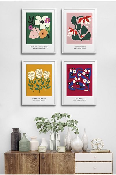 HOMEPACK Set de pictură cu cadru de 4 piese? Design de flori 18x23 Cm 30x40 Cm cu rama din lemn alb-negru? D-034