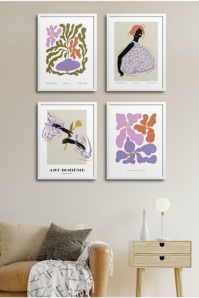 HOMEPACK Set de pictură cu cadru de 4 piese? Art Bohome 18x23 Cm 30x40 Cm Negru Alb Cu Rama Lemn? D-026