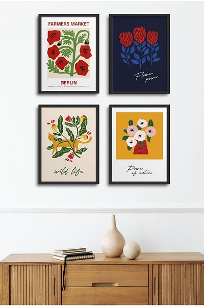 HOMEPACK Set de pictură cu cadru de 4 piese? Design de flori 18x23 Cm 30x40 Cm cu rama din lemn alb-negru? D-039
