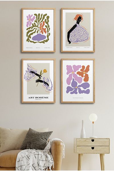 HOMEPACK Комплект от 4 рамкирани картини Art Boho 18x23 см 30x40 см Черно-бяло с дървена рамка D-026