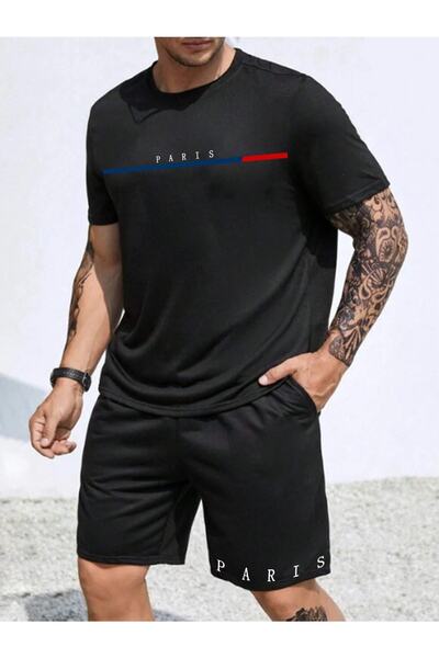 YUVEST Pantaloni scurți unisex, unisex, tricou negru cu gât crew, cu imprimeu cu dungi Paris