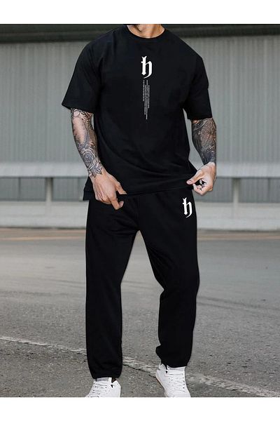 YUVEST Blackrock Unisex Oversize Chest Vertical Printed Black Crew Neck T-shirt Tracksuit
