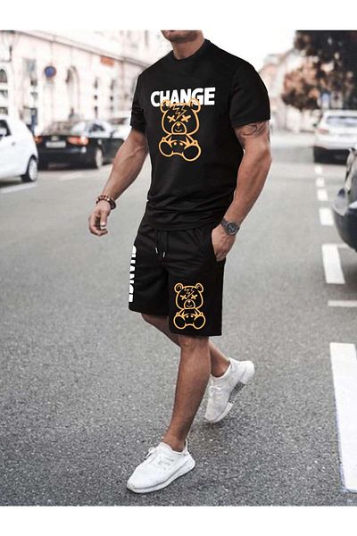 YUVEST Blackrock Unisex Oversize Change Printed Black Crew Neck T-shirt Shorts
