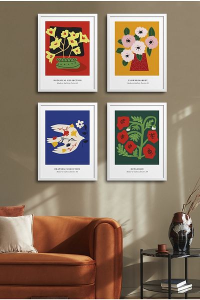HOMEPACK Set de pictură cu cadru de 4 piese? Design de flori 18x23 Cm 30x40 Cm cu rama din lemn alb-negru? D-036