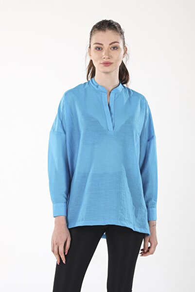 ALİS DRESS Mavi V Yaka Düğmesiz Rahat Kalıp Ince Gömlek