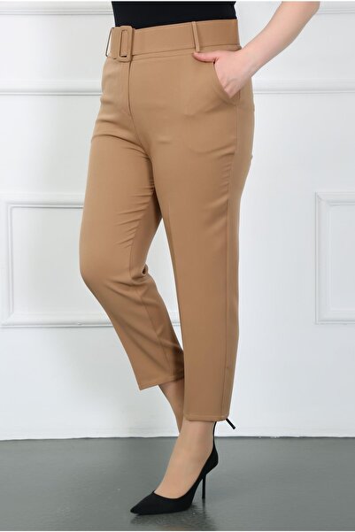 By Alba Collection Γυναικείο παντελόνι Tan Thick Belted Dumbbell Plus Size