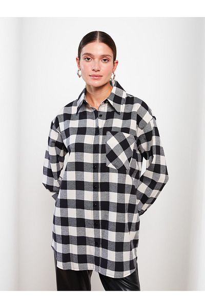 LC Waikiki Πουκάμισο γιακά καρό μακρυμάνικο Oversize γυναικείο τούνικ