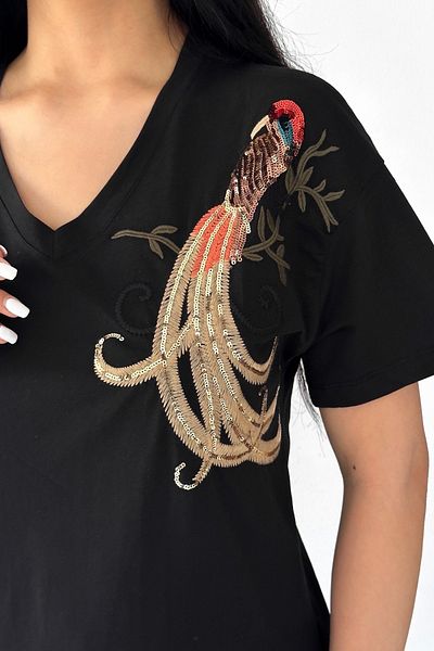 FEMELLE Tricou de damă, negru, cu decolteu în V, cu pasăre, cu paiete brodat din bumbac 100%