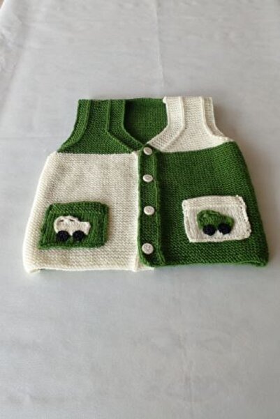 GÜZEL KAMAN Bebek Yeleği 6 Aylık - 3 Yaş Arası Ğiyilen Iki Ceplı Araba Resimli Yeşil-krem Şık Kullanılışlı