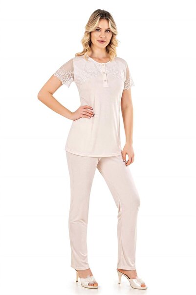 FLZ Kadın Yazlık Dantel Detaylı Kısa Kol Klasik Pijama Takımı 88-45