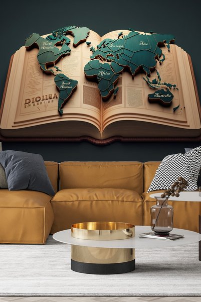 Dekoros Tek Parça 3d Kafe Salon Eski Kitap Içinde Yeşil Dünya Haritası Poster...