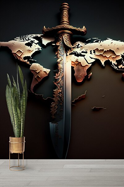 Dekoros Tek Parça 3d Kafe Salon Dünya Haritası Kıtalar Samuray Kılıcı Poster ...