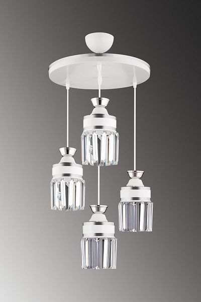 SONSUZ AYDINLATMA&AVİZE Tokyo 4-Piece White Pendant Lamp with Crystal Stone and Chrome Strip Cylinder Downward Facing Luxury Chandelier