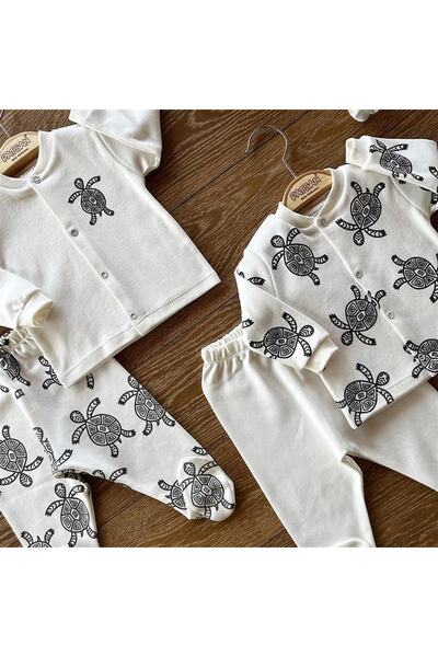 PATSAN Organik Pamuk 4'lü Penye Bebek Alt Üst Patikli Pijama Takım Kaplumbağa Caretta Caretta