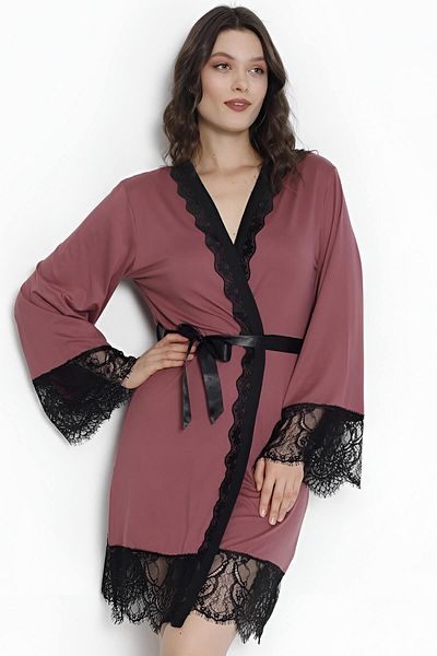 Pijamaevi Dark Pink Milan Lace Detailed Knitted Bamboo Women's Dressing Gown