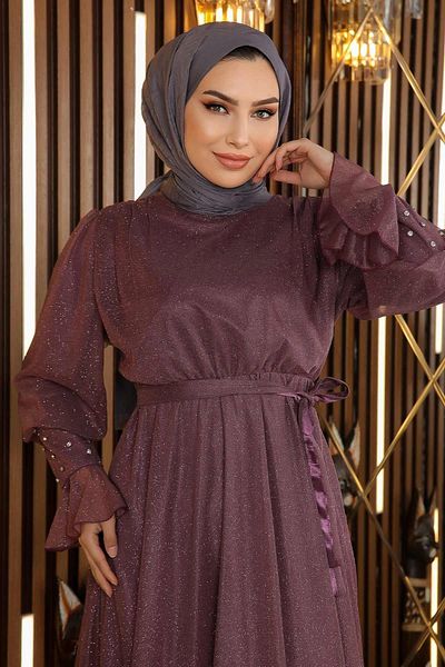 Modamihram Steindetailliertes, glitzerndes Chiffon-Abendkleid Dusty Rose 19113