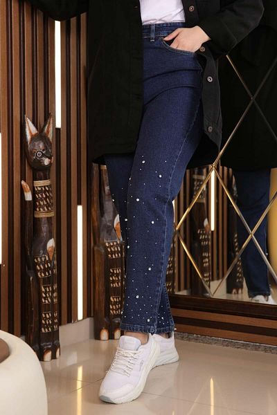 Modamihram Stone Detailed Denim Trousers Dark Denim 6063