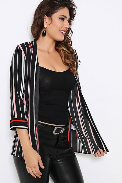 AVORWE Three-Quarter Sleeve Striped Open Front Spring Jacket