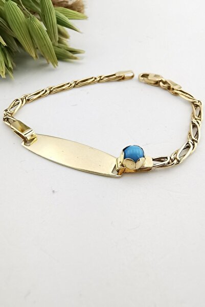 Utku Kuyumculuk 14 Ayar Firuze Taşlı Künye Modeli Altın Bileklik