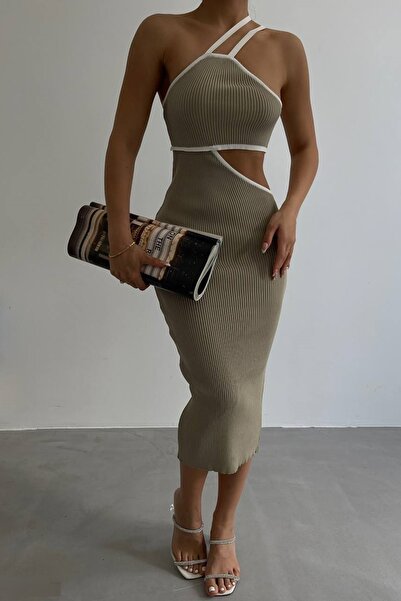 bayansepeti Μπεζ φόρεμα με έναν ώμο με χαμηλή κοπή 23s25013