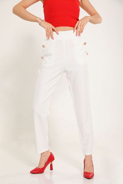 GÜLSELİ Cream Women's Button Detailed Pocket Wide Leg Trousers