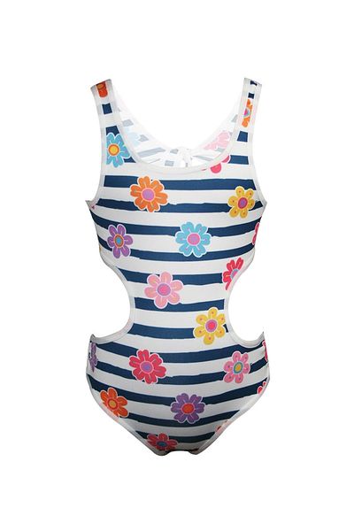 Rs Ramuni Girl's Swimsuit Mayokini Striped Flower Patterned Digital Printed Sea Pool Swimsuit