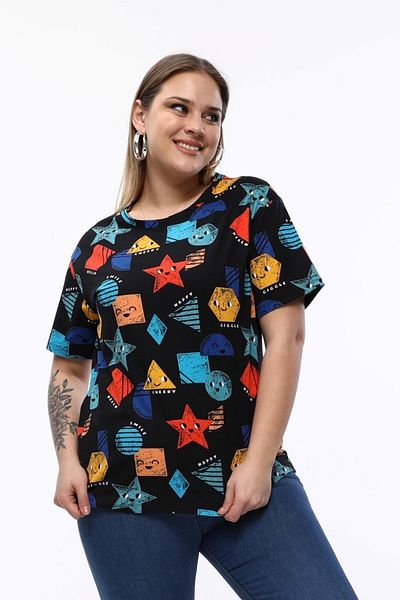 Seamoda Women's Large Size Comfortable Daily Use Basic T-Shirt with Happy Shapes Print Detail-Black