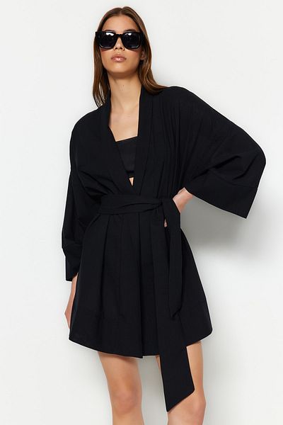 Trendyol Collection Black Belted Mini Woven Flared Cotton Beach Kimono&Kaftan Tbess23Km00080