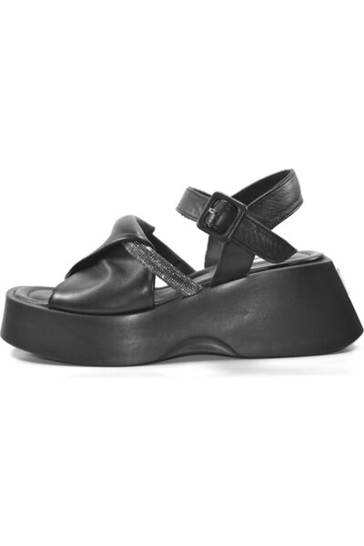 Onlo Ayakkabı 311 Sandale de damă cu platformă neagră din piele naturală cu t...