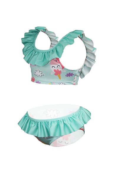 Rs Ramuni Girl's Swimsuit Ruffled Bikini Green Unicorn Patterned Digital Printed Sea Pool Swimsuit