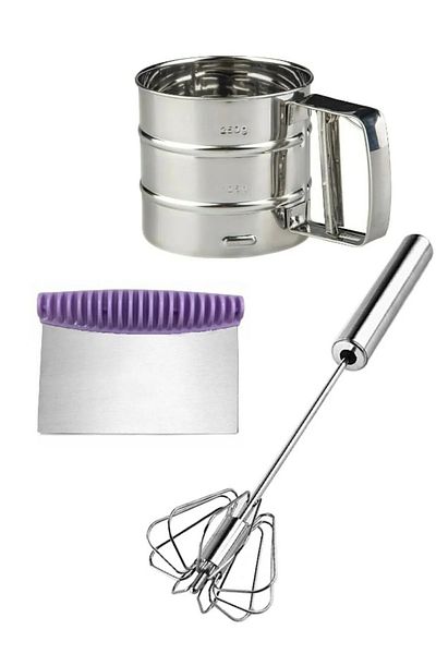 Hilamingo Home Steel Egg Beater Mixer Mixer + Dough Cutter Spatula Flour Sifter Cocoa Powder Sifting Set