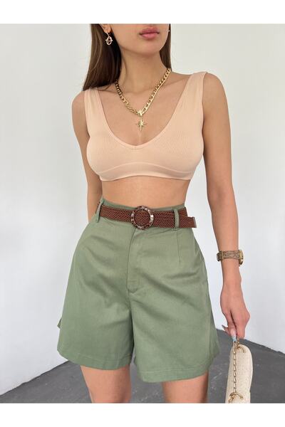 Fav Style Γυναικείο σορτς με ψηλόμεσο τσέπες με φαρδύ πόδι Gabardine Water Green