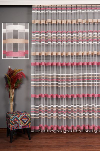 perdealemi Transverse Striped Banded Sports Tulle Curtain, 400x270, Sparse Pleat, 1/2