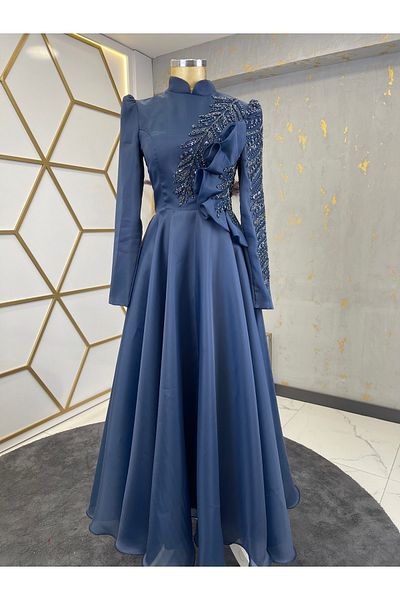 PİENNAR Flower Detailed Hazel Hijab Evening Dress Navy Blue
